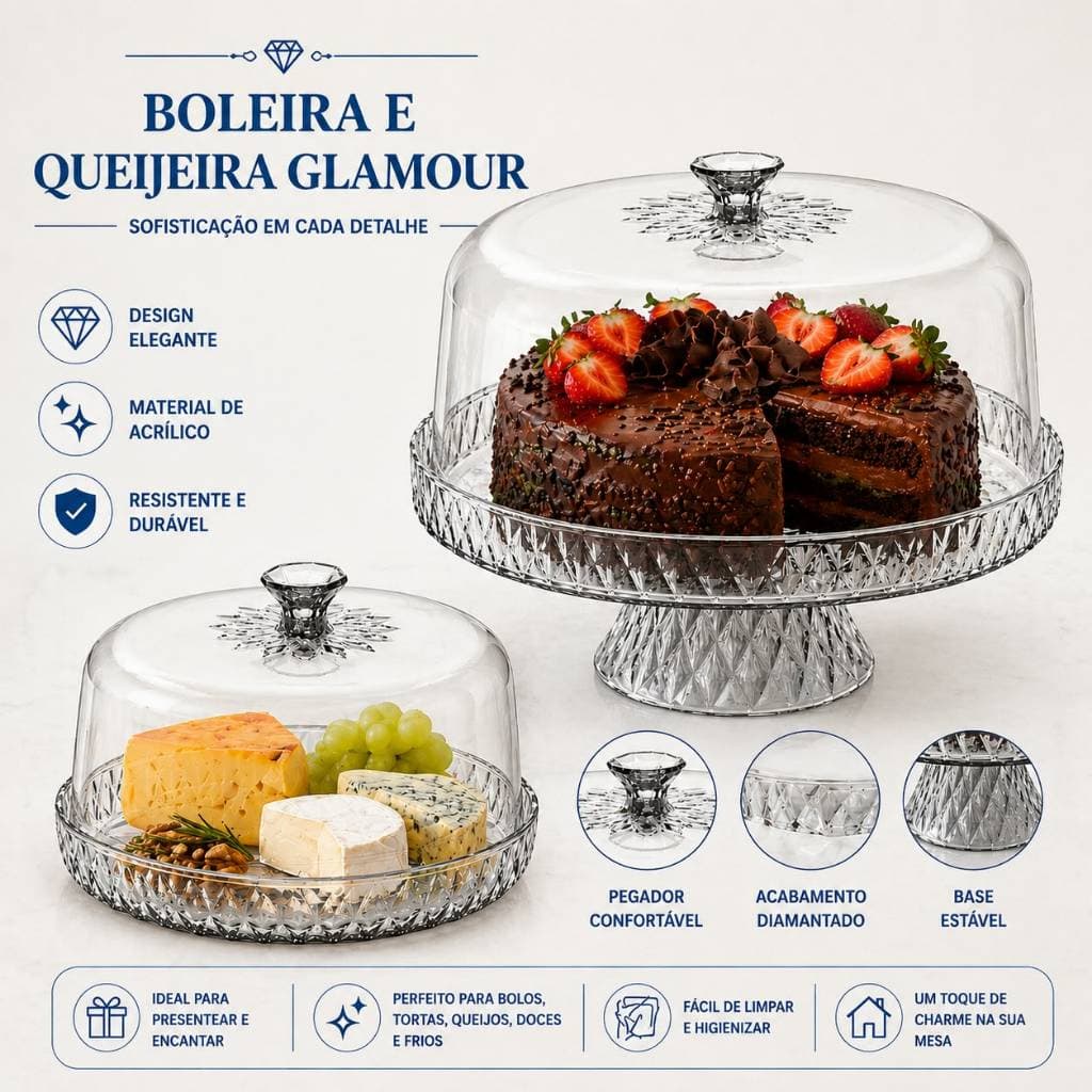 Kit 2 peças Boleira Alta com Pé + Queijeira Glamour Acrílico Transparente Plasútil