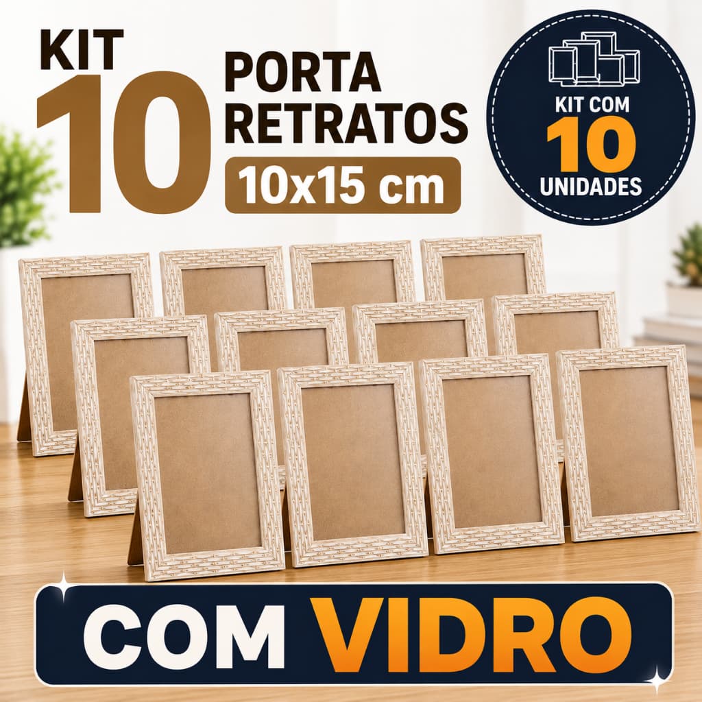 Kit 10 Porta Retratos 10x15 cm com Vidro Moldura de Madeira Porta Foto para Mesa de Escorar Decoração