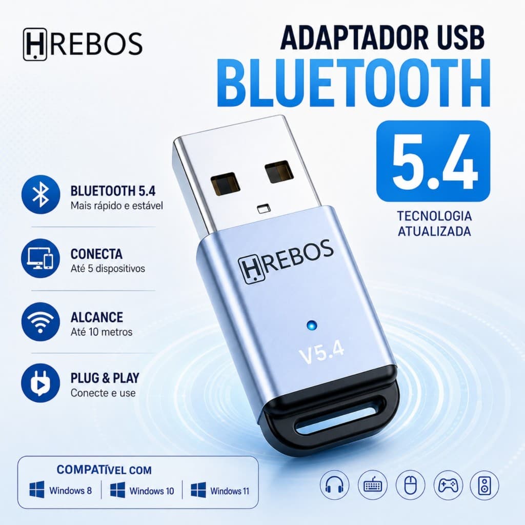 Adaptador Bluetooth 5.4 USB para PC Notebook Windows 8 10 11 Até 5 Dispositivos Alcance 10m