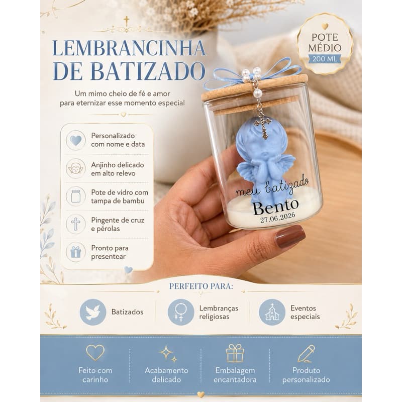 Lembrancinha de Batizado Personalizada – Pote de Vidro 200ml com Anjinho, Tampa de Bambu e Mini terço