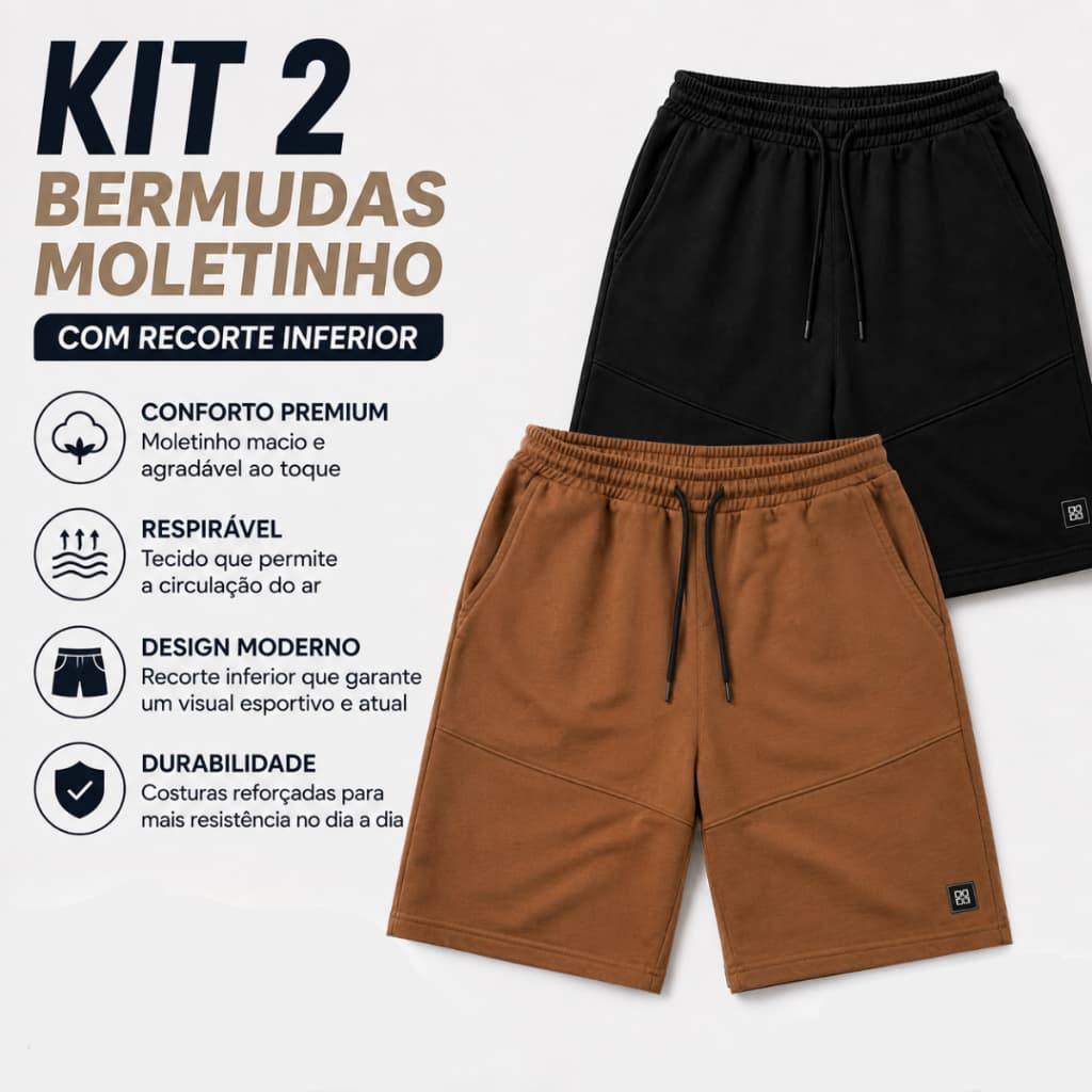 Kit 2 Bermudas Masculinas Adulto Moletinho com Bolsos Recorte Inferior Elástico e Cordão P ao GG