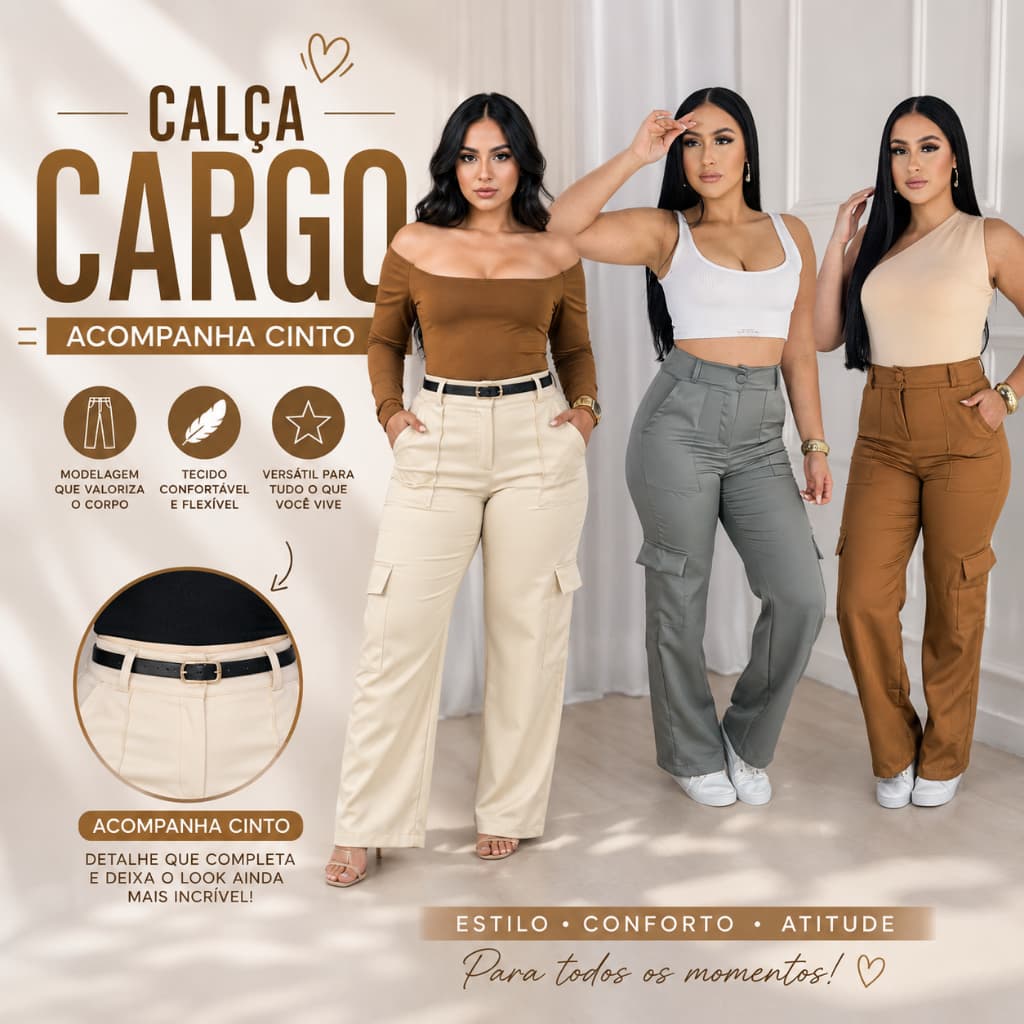 Calça Cargo Feminino Alfaiataria ACOMPANHA CINTO