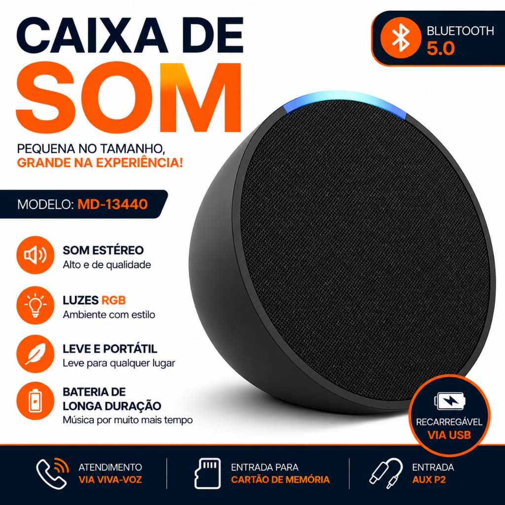 Caixa de Som Portátil Bluetooth 10W Estéreo com Luzes RGB