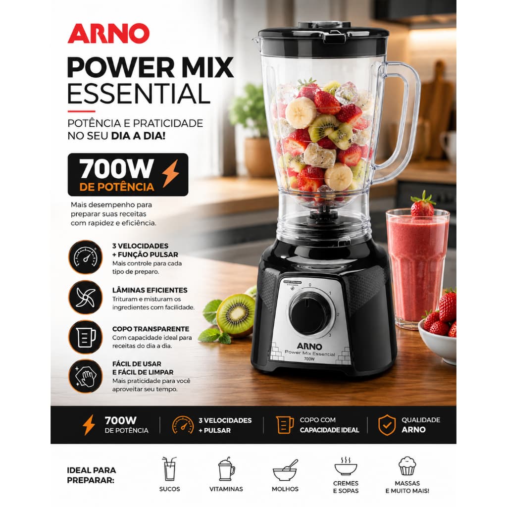 Liquidificador Arno Power Mix Essential 700W Potente 3 Velocidades