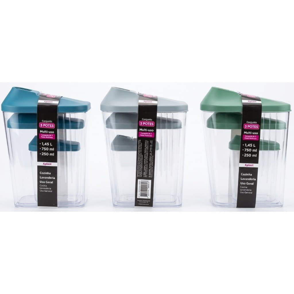 Conjunto Jogo 3 Potes Multi-uso Cozinha Lavanderia Premium Xplast