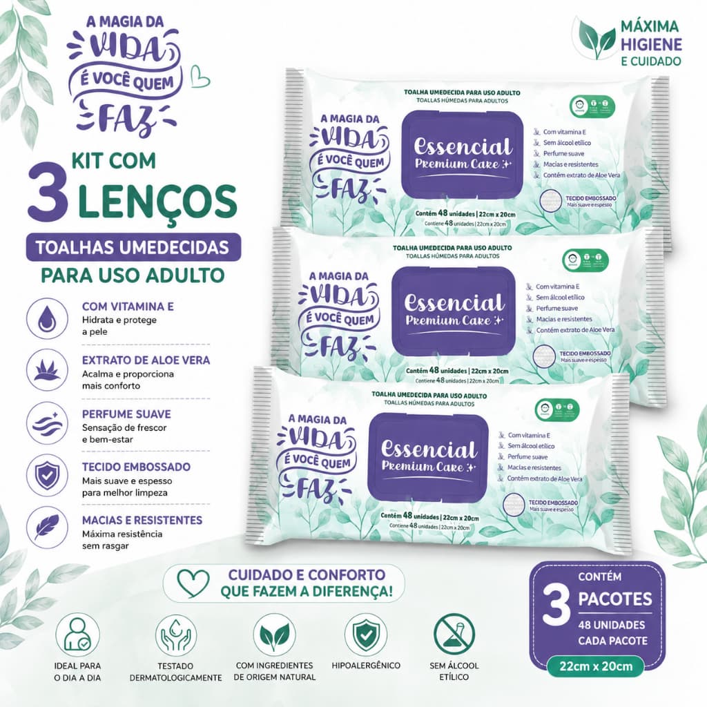 Kit 3 Pacotes de Lenços Umedecidos Geriátricas Essencial Premium Care – 48 Unidades Cada