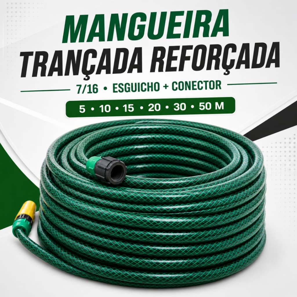 Mangueira de Jardim Trançada Reforçada 7/16 Verde com Esguicho e Conector 5 a 50m