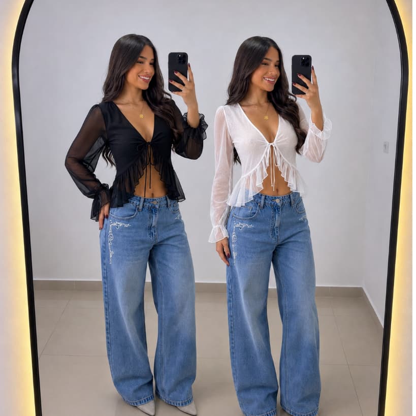 Blusa Feminina Tule Manga Longa Amarração Frontal Decote V Babado Cropped Bata