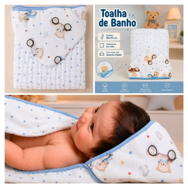 Toalha de Banho Infantil Bebê Fralda Dupla Camada com Touca 90x70 cm Higiene