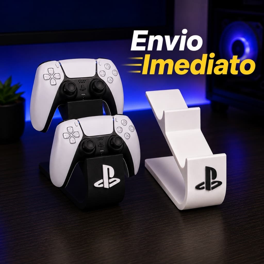 Suporte Para 2 Controles Duplo PS5/PS4 Branco e Preto Logo Em Alto Relevo Decoração Mesa Setup Gamer