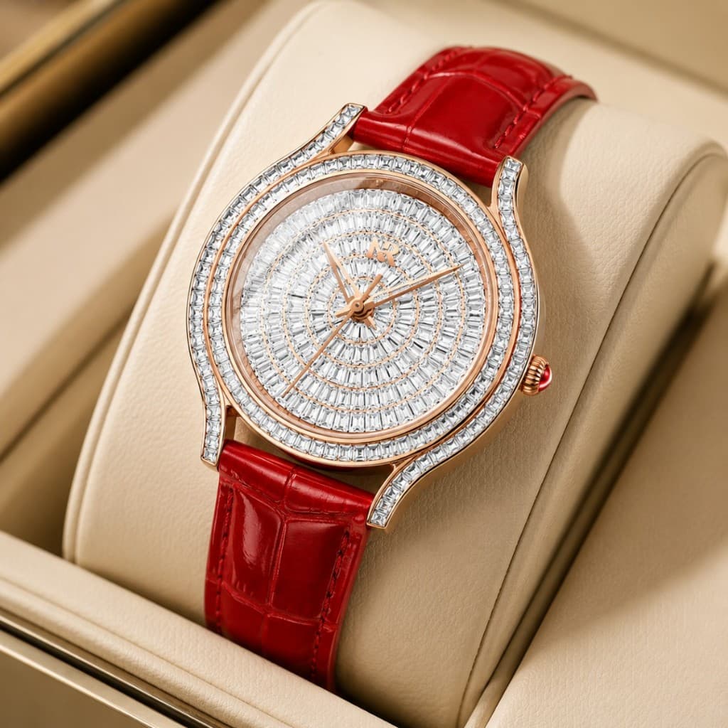 RUIXINE Relógio Feminino Luxo Quartzo Analógico Mostrador com Cristais Pulseira de Couro Rosa Elegante Resistente à Água