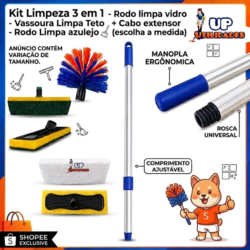 Kit Limpeza 3 em 1 – Vassoura Limpa Teto - Rodo Limpa azulejo - Rodo limpa vidro + Cabo extensor (escolha e medida)