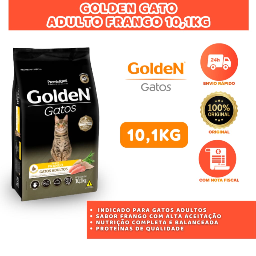 GOLDEN RAÇÃO GATOS ADULTOS FRANGO 10KG ALIMENTO PREMIUM SABOROSO E COMPLETO