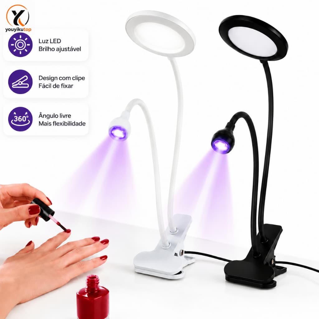 Luminaria de Mesa LED e UV 2 em 1 para Manicure com Clipe Garra Presilha Braco Flexivel Angulo Ajustavel