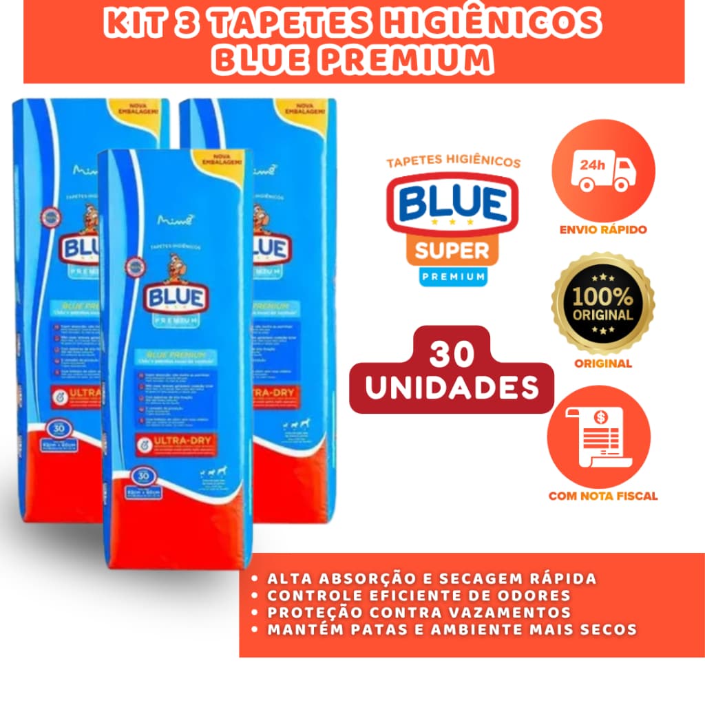 KIT 3 TAPETES HIGIÊNICOS BLUE PREMIUM 30 UN CADA CONTROLE DE ODORES E ABSORÇÃO