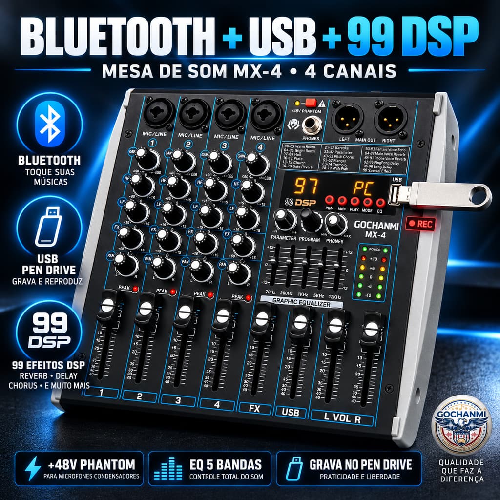 Mesa de Som MX-4 4 Canais Bluetooth USB 99 DSP Mixer de Áudio com Phantom 48V