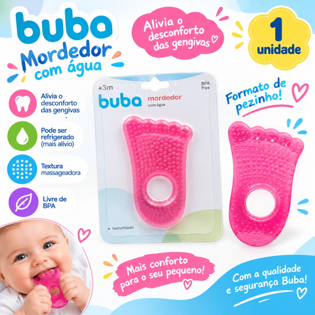 Mordedor Bebê com Água Buba – Pézinho Resfriável Rosa (Alívio para Gengivas)