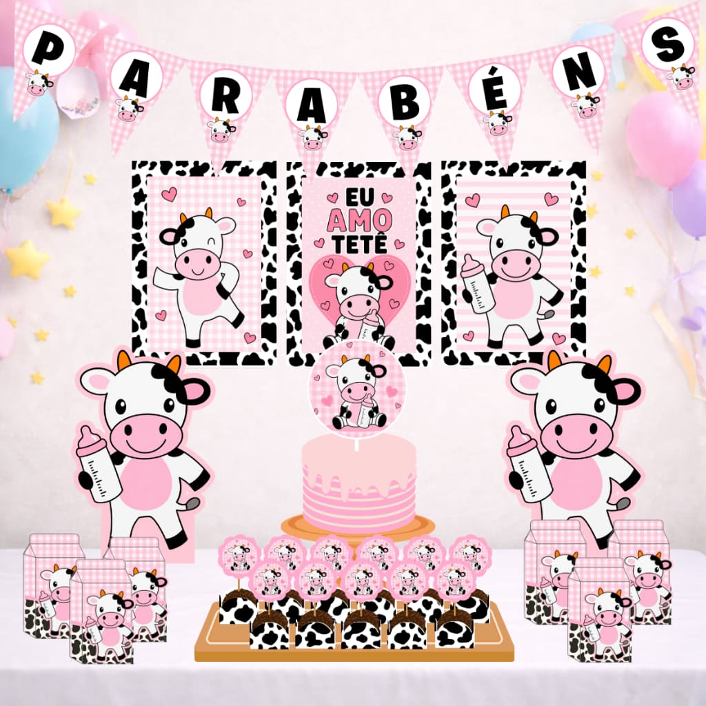 Kit Mesversário Vaquinha menina Personalizado | Amo Tetê | Festa Infantil só um bolinho