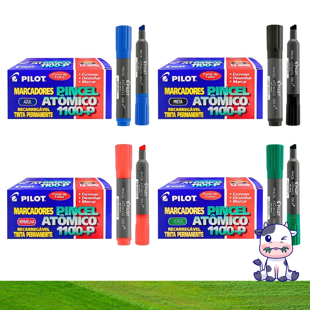 KIT 12 Marcadores Pincel Atômico 1100 Permanente Canetão Ponta Chanfrada Recarregável Pilot