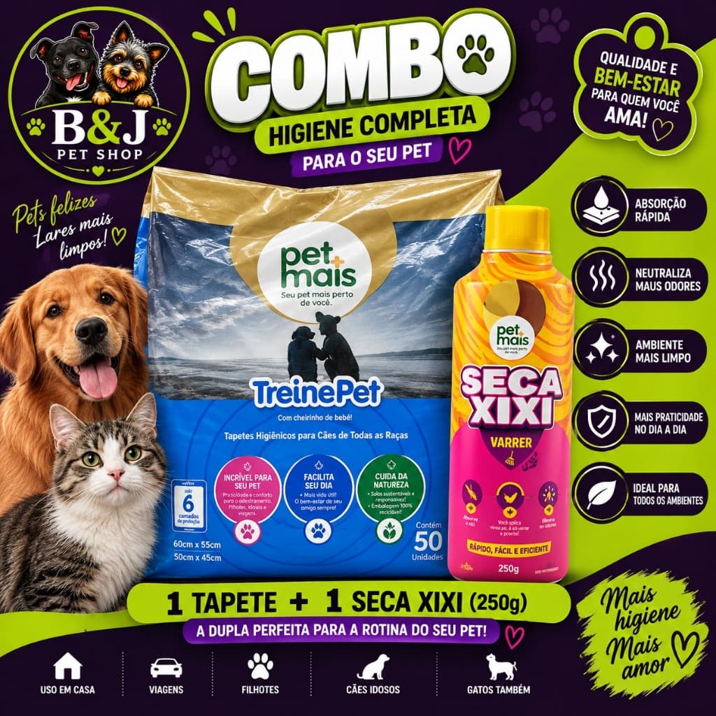 Tapetes Higiênicos TreinePet + Seca Xixi 250g Pet Mais | Kit Higiene Pet