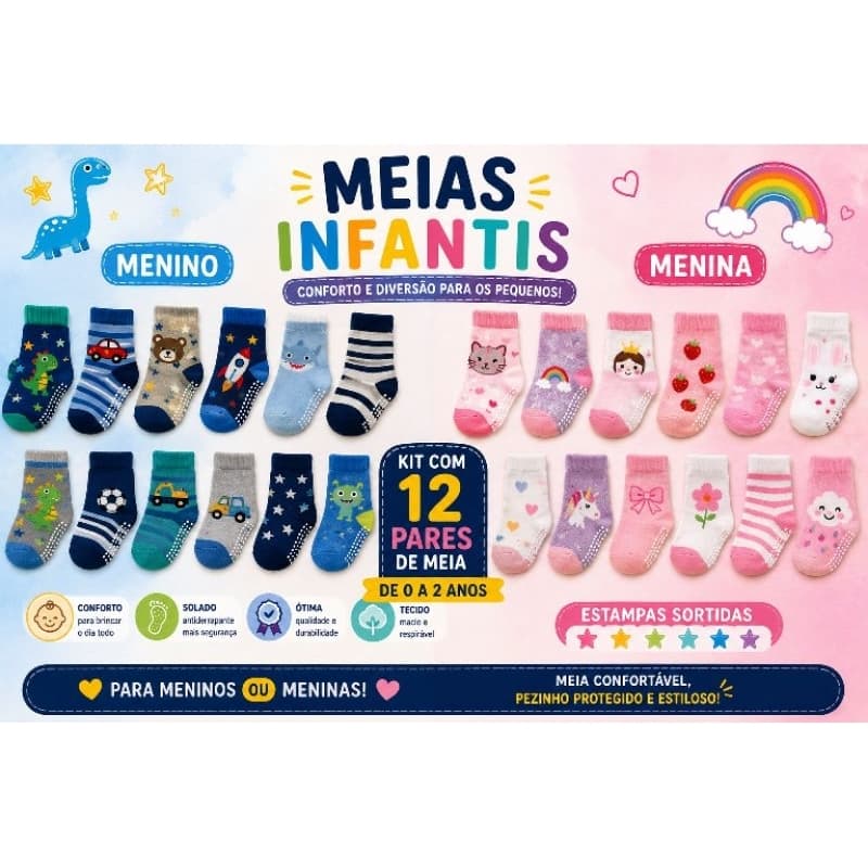 Kit com 12 pares de meia antiderrapante para menino ou menina bebê infantil