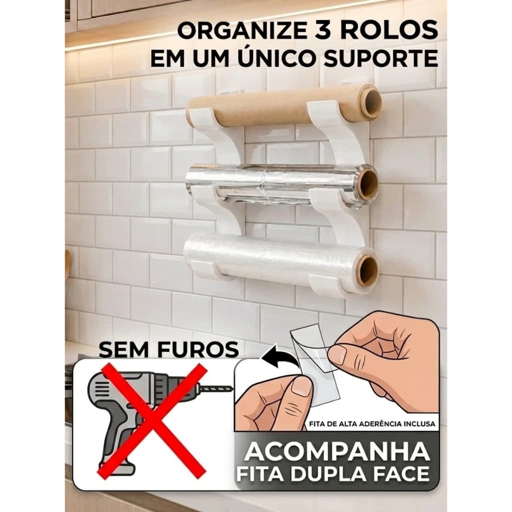 Suporte Cozinha 3x1 Plástico / Alumínio / Filme De Pvc Gancho para utensílios Sem Furos Na Sua Cozinha