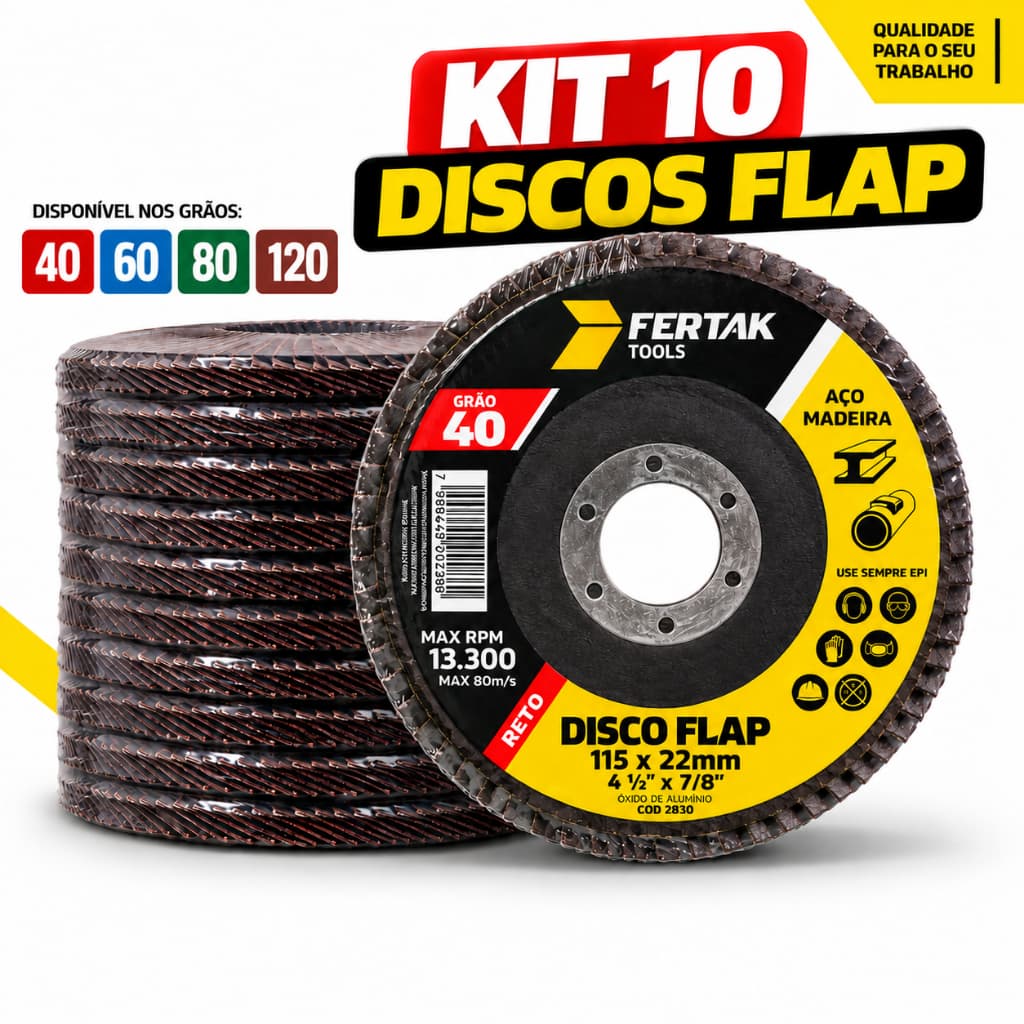 Kit 10 Disco Flap 4.1/2 Lixa Grão 40-60-80-120 Profissonal Alta Durabilidade