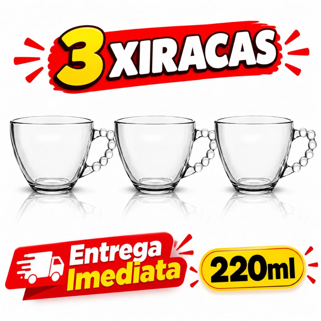 Jogo 3 Xícaras de Vidro Temperado Alça Bolinha Bubble 240ml