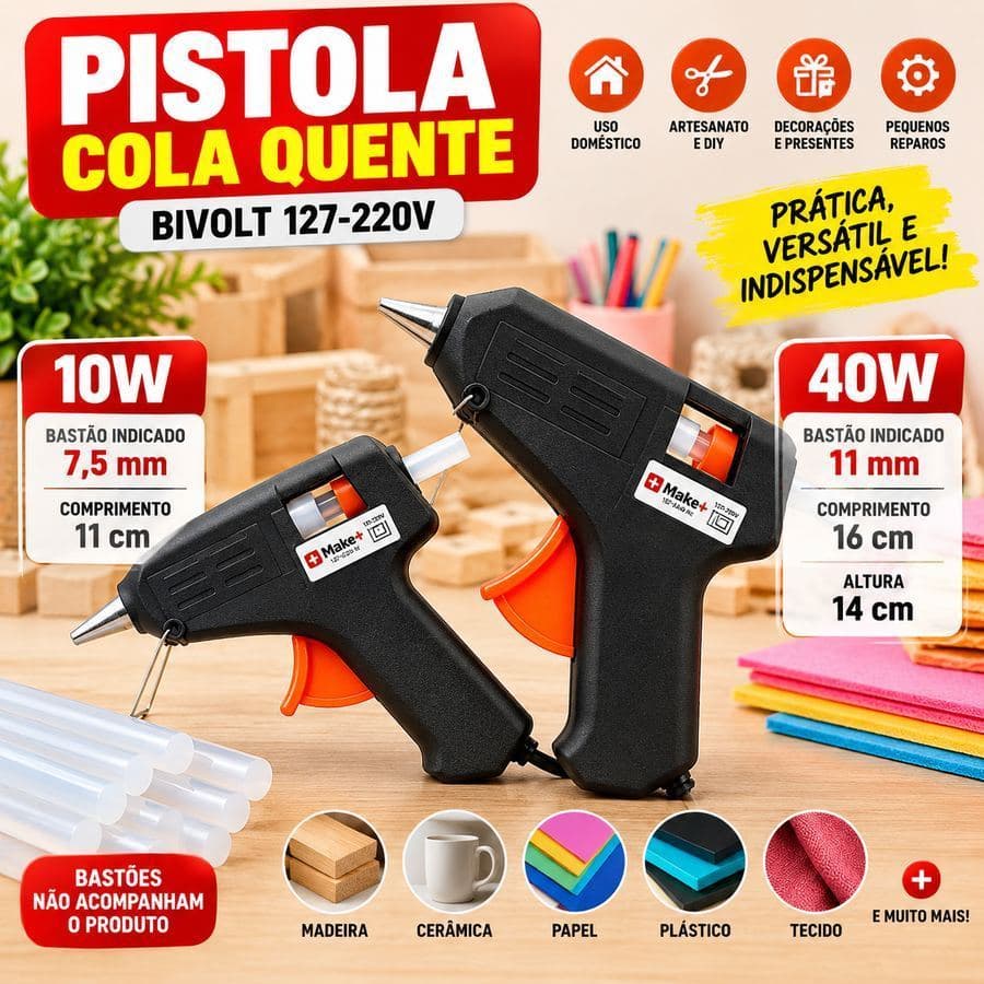 Pistola De Cola Quente 10W e 40W Bivolt Para Artesanato Madeira Papel Plástico Tecido