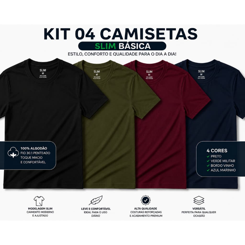 KIT 04 CAMISETAS LISAS MASCULINA PRETO, VERDE MILITAR, BORDO E AZUL MARINHO, SOMENTE AS CORES DA MODA OTIMA PARA DAR DE