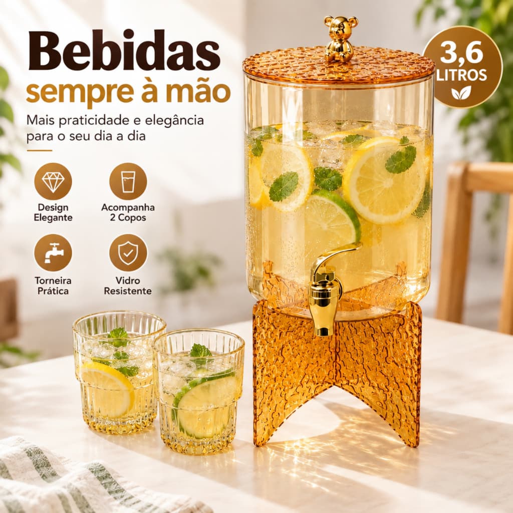 Suqueira de Vidro Âmbar 3,6L com Torneira + 2 Copos Dispenser de Bebidas para Suco Água Saborizada Mesa Posta Festa
