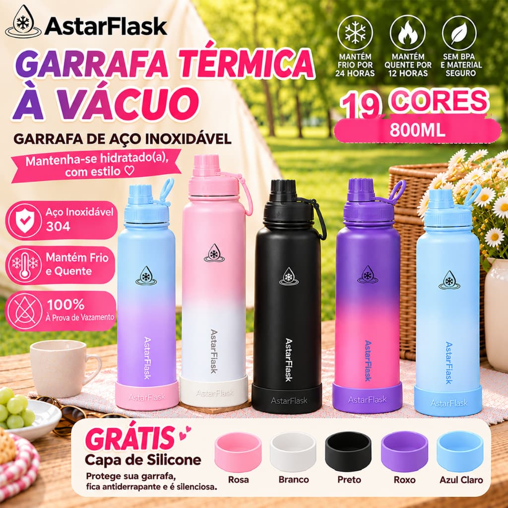 800ml Garrafa Térmica  Inox 316  Com Alça  e base de silicone Para Bebida Quente ou Fria