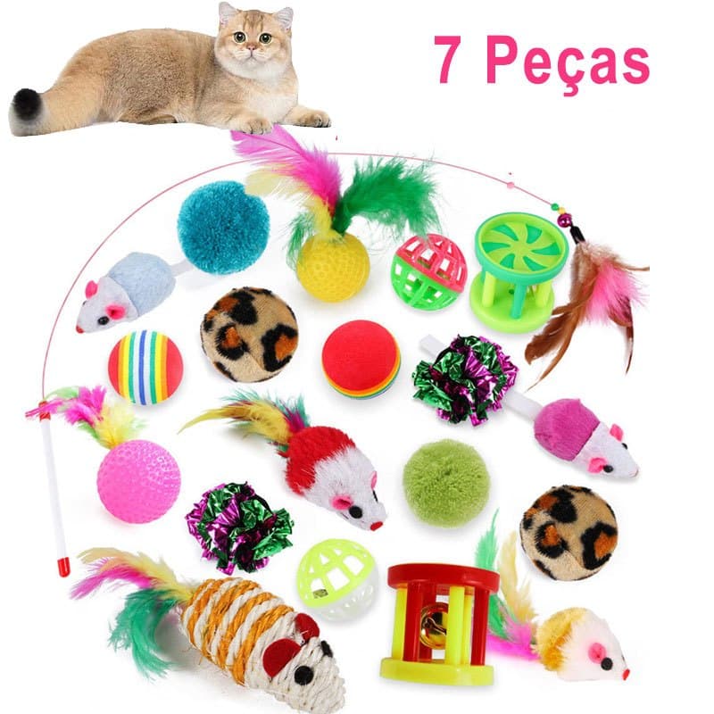 Kit 7 Brinquedos Interativos para Gatos Ratinho Bolinha com Varinha de Pena Interativos para Gatos Anti-Stress