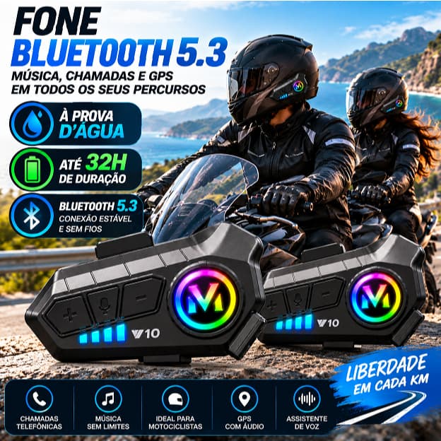 Kit 2 Fones Tipo Intercomunicador Moto V6 Bluetooth Para Capacete Y10 RGB LED Assistente de Voz Músicas Alta Qualidade