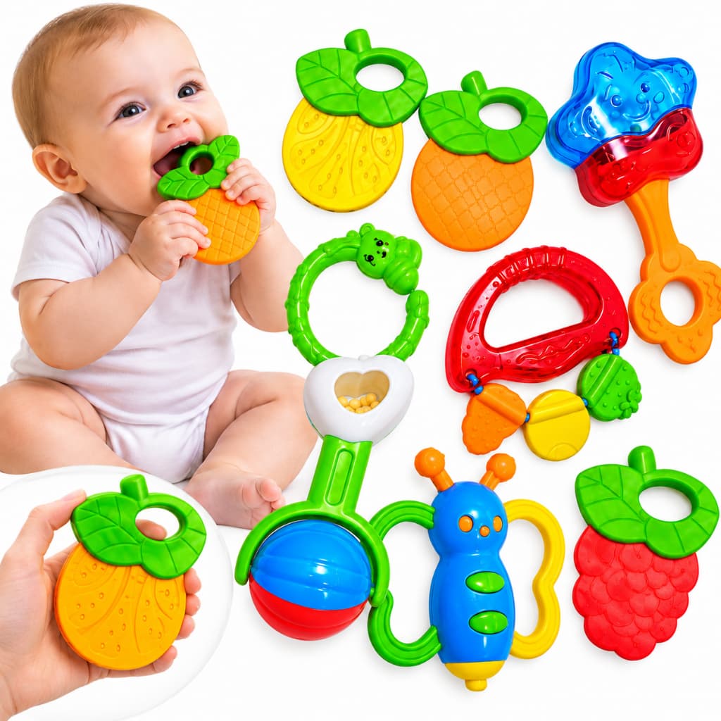 Kit 3 a 8 Peças Mordedores para Bebê com Chocalhos e Brinquedos Sensoriais