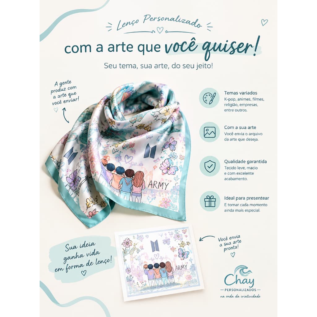 Lenço Personalizado com Sua Arte | Você Escolhe o Tema e a Estampa