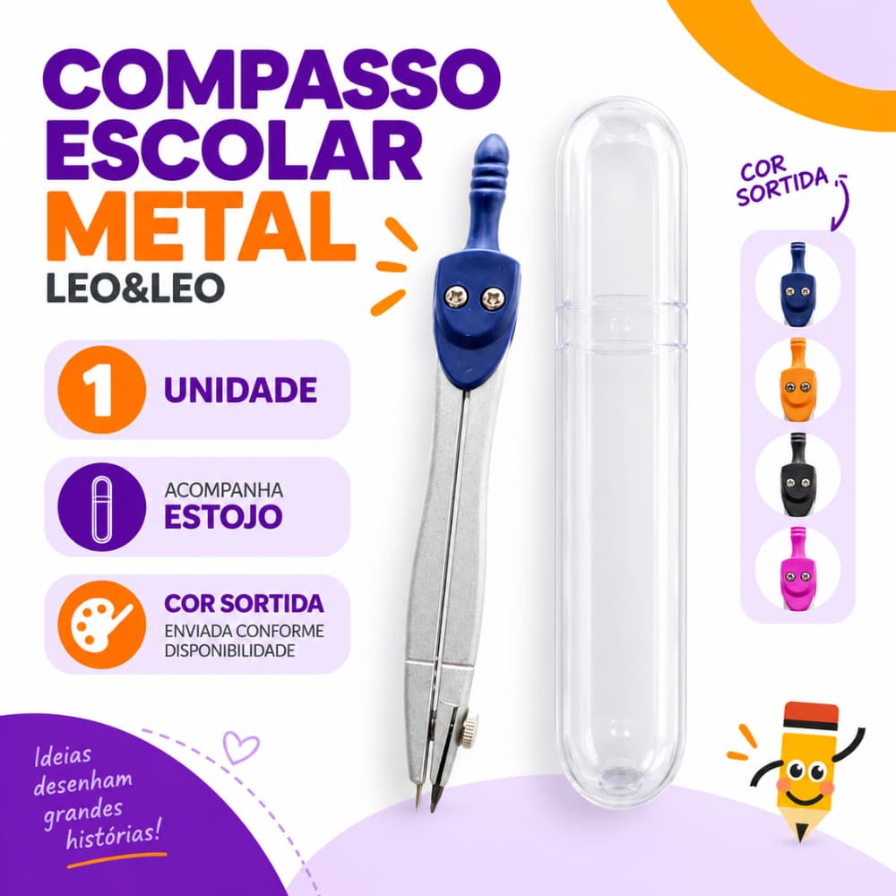 Compasso Escolar Metálico Leo&Leo com Estojo Cor Sortida