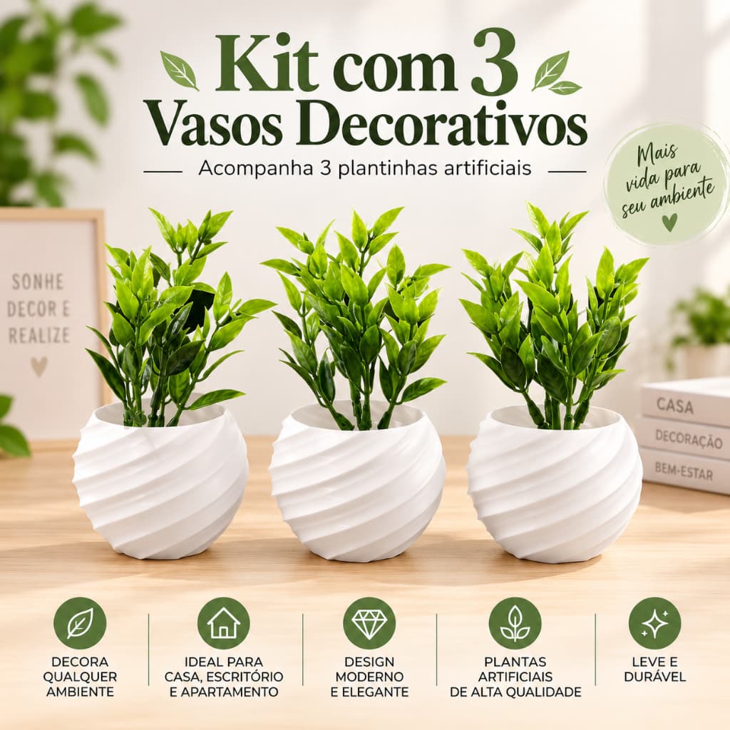 Kit de 3 Vasos Cachepot Moderno Vasinho Sala Escritório Cozinha Banheiro Decoração Delicada