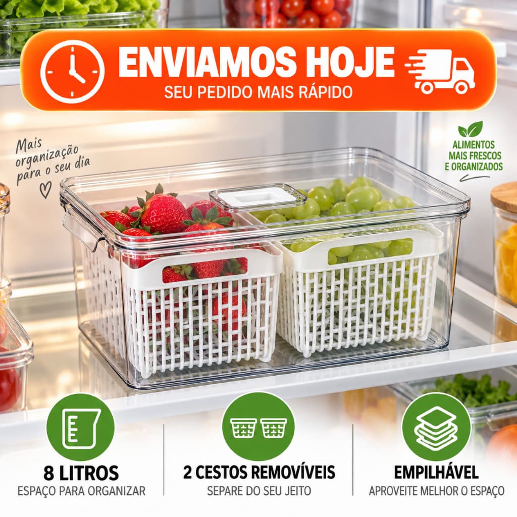 Organizador De Geladeira Acrílico 8 Litros Com tampa 2 Cestos Multiuso Vegetais Alimentos Frutas Legumes  Verduras Clear