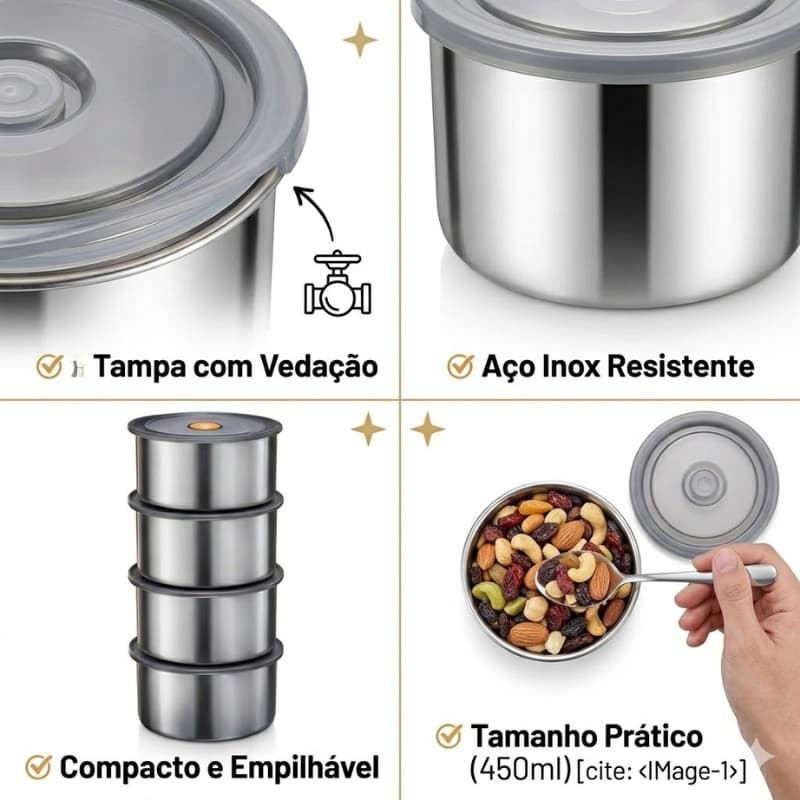 Conjunto 4 Potes Refeicao Marmitas Hermetico Armazenamento Inox 450ml Organizador Cozinha