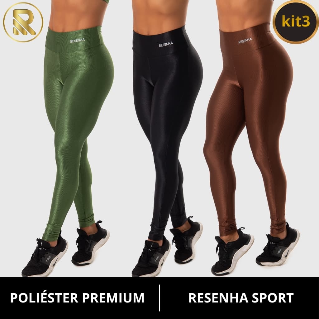 Kit 3 Calças Legging Fitness Feminina Cintura Alta Trilobal Brilho Academia Conforto Resenha Sport