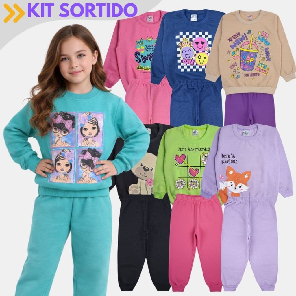 Kit 6 Peças Moletom Peluciado Infantil Menina Inverno Frio - 3 Casacos + 3 Calças Conjunto Infantil Feminino