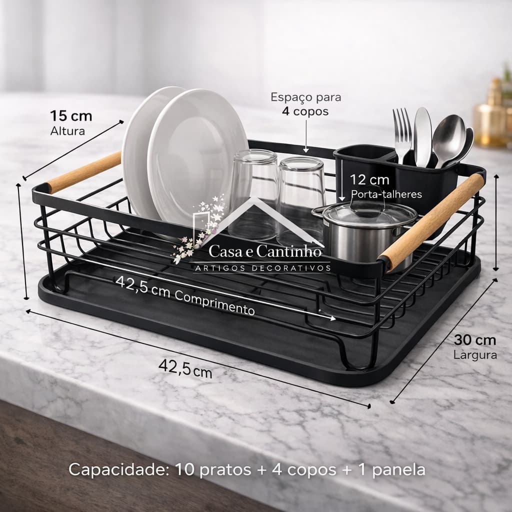 Escorredor Organizador de Louça Rack Preto Bandeja Removível Porta Talheres Aço Inox + Bambu Moderno