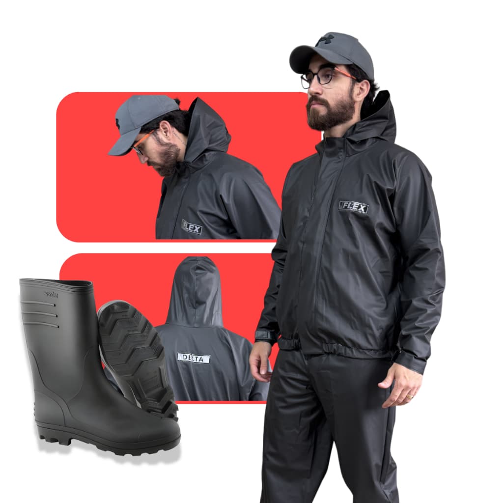 Kit Capa De Chuva Moto Delta Flex Unissex PVC + Bota Vonder Solado Preto Impermeável Motoqueiro Com Capuz Resistente