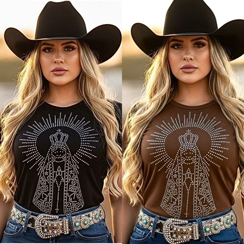 T-shirt Blusa Camiseta Country de Luxo Pedrarias Brilhos Linha Premium Rodeio Vaquejada Festa West
