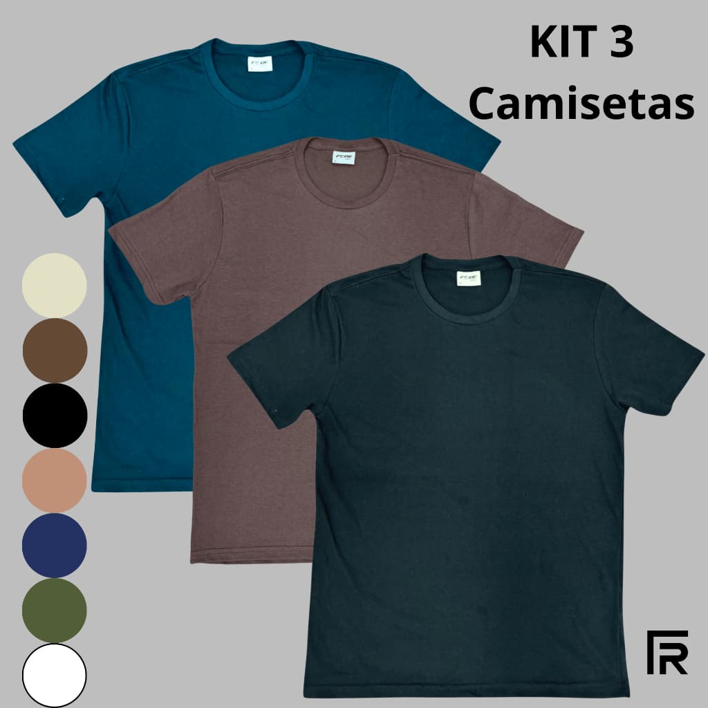 Kit 3 Camisetas Masculina Lisa Algodão Básica Várias Cores Slim 505290-K3-C2