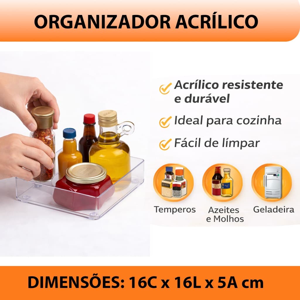 Bandeja Organizadora Acrílica Transparente - Resistente, Versátil e Fácil de Limpar 16x16x5