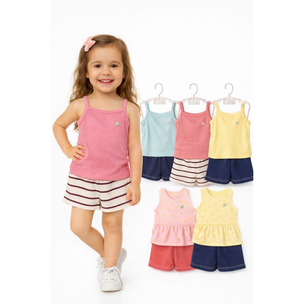 Conjunto Infantil Feminino Verão Regata Canelada + Short Moletinho Algodão Confortável Menina