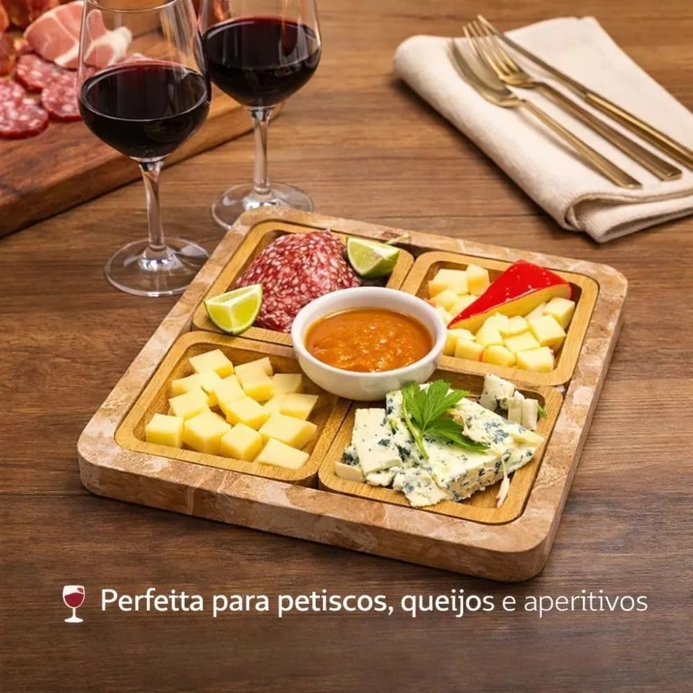 Petisqueira Madeira 4 Peças Quadrada com Base Porta Petiscos Queijos Frios MDF