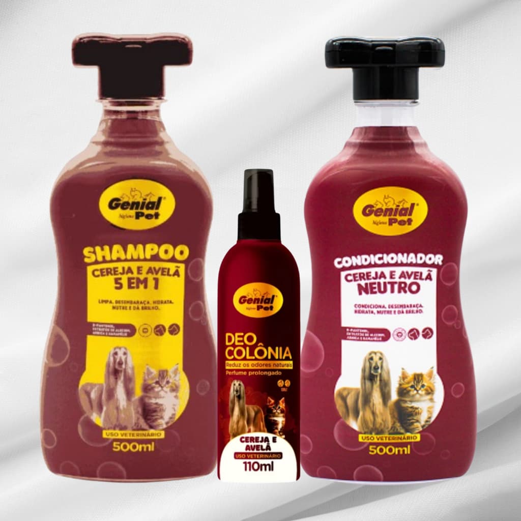 Kit Shampoo 500ml 5 em 1 + Condicionador + Perfume Cereja e Avelã - 110ml Genial Pet